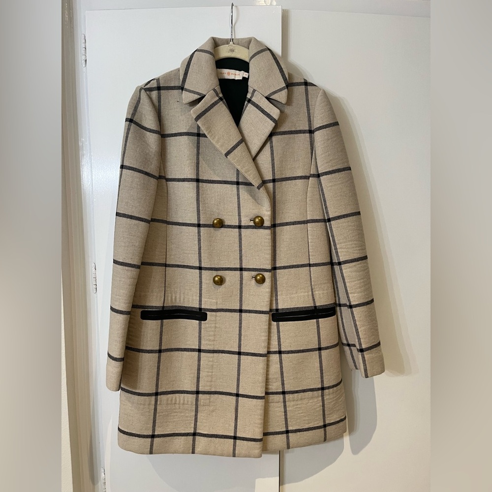 Tory Burch Beige Plaid Pea Coat